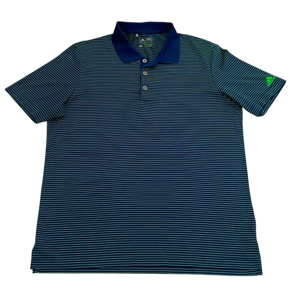 Adidas Navy Blue & Green 3 Button Collared SS Golf Polo Shirt - Medium
